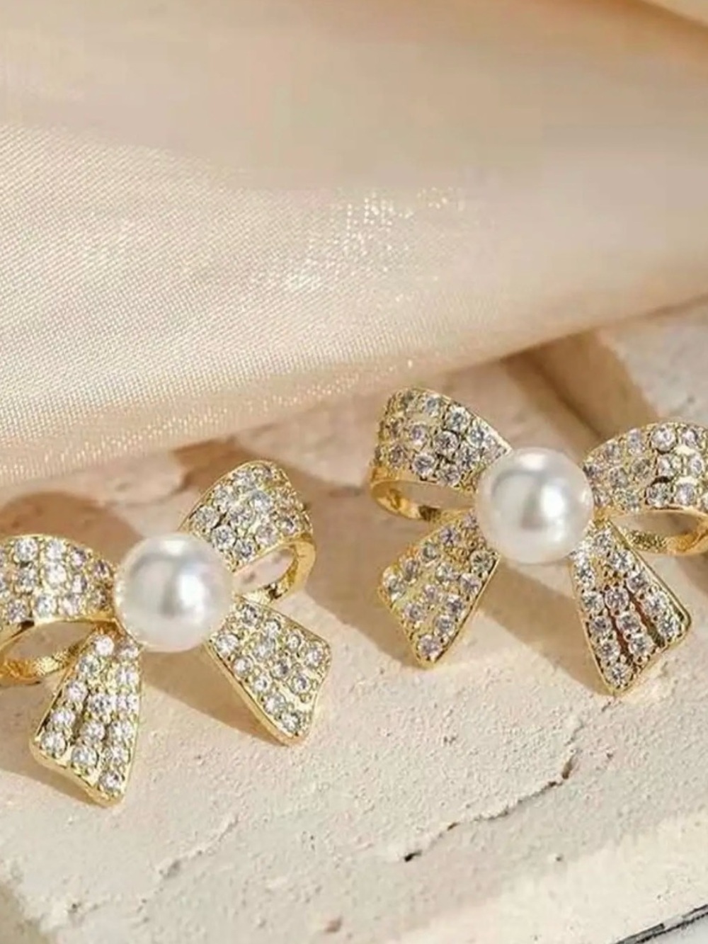 Gold Bow Pearl & Crystal Stud Earrings - Women's Fashion Jewelry